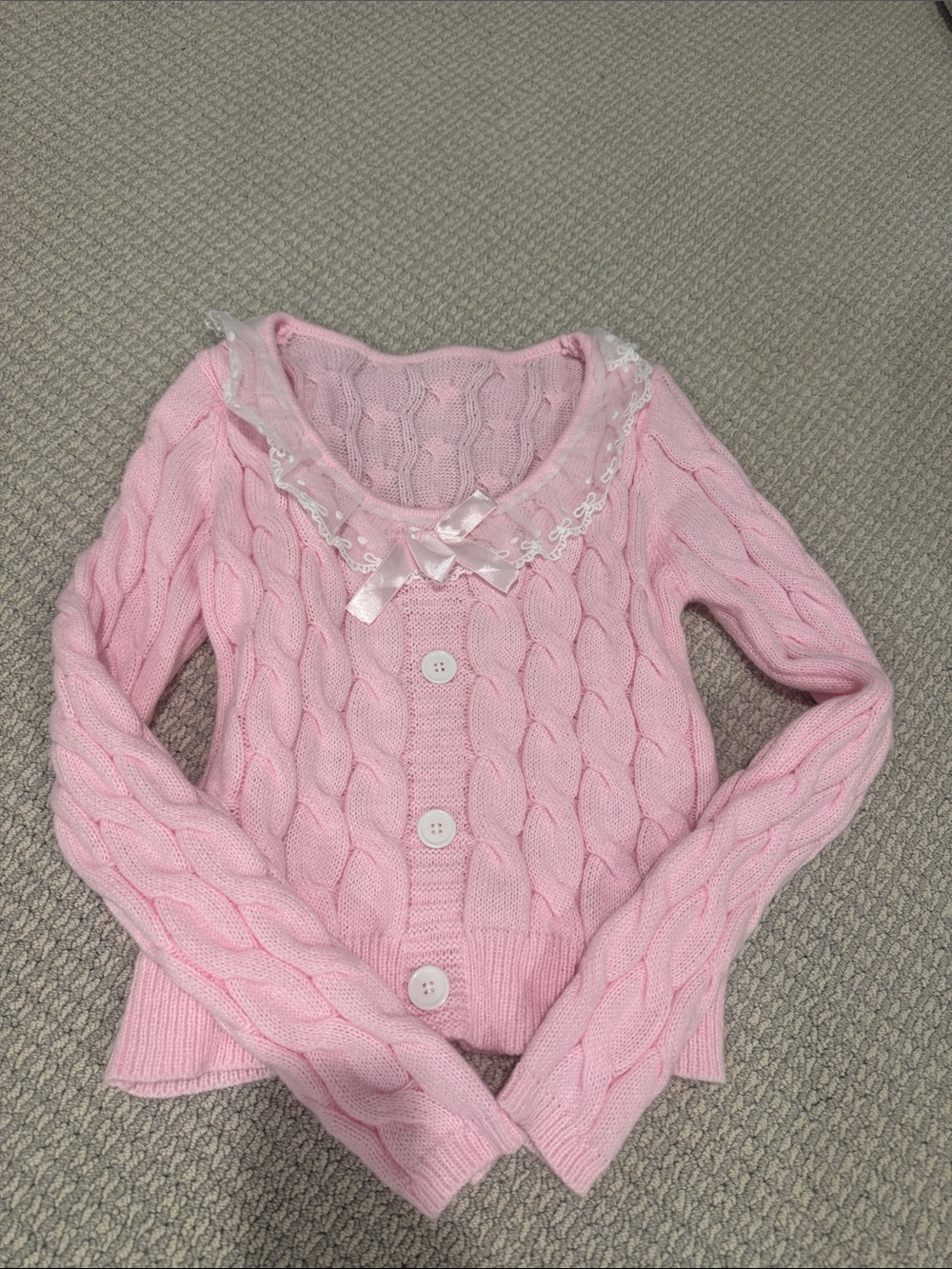 Pink Cable Knit Button-Front Sweater with Lace Trim